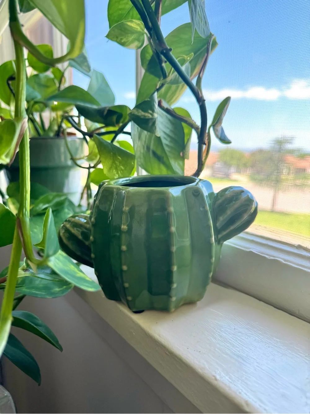 Ceramic Green Cactus Planter with Gloss Finish. 6.7 in. Excellent Cond.